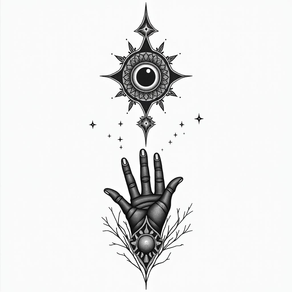 As above so belowin spiritual symbols tattoo style, featuring an intricate design incorporating elements, Hamsa hand, third eye, minimalist composition - Variation 3