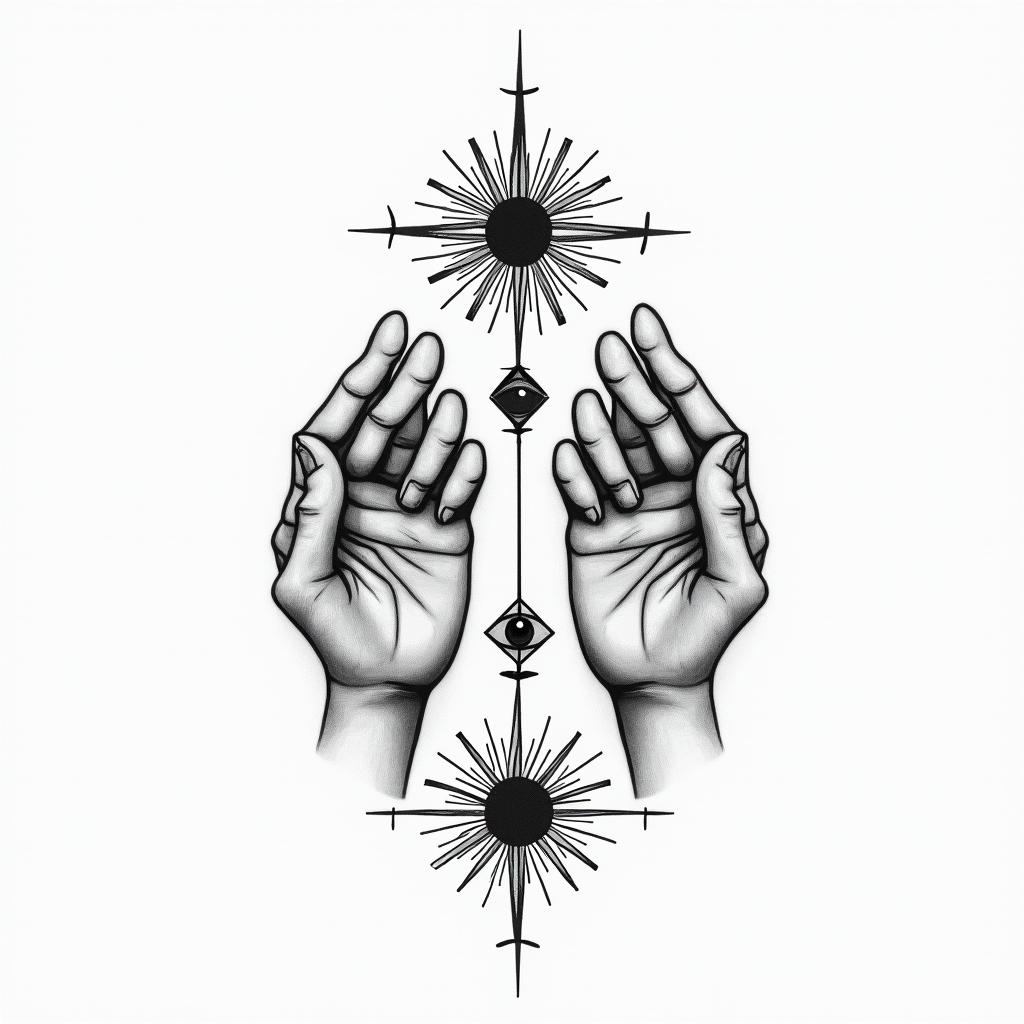 Two hands, as above so belowin spiritual symbols tattoo style, featuring an intricate design incorporating elements, Hamsa hand, third eye, minimalist composition - Variation 2
