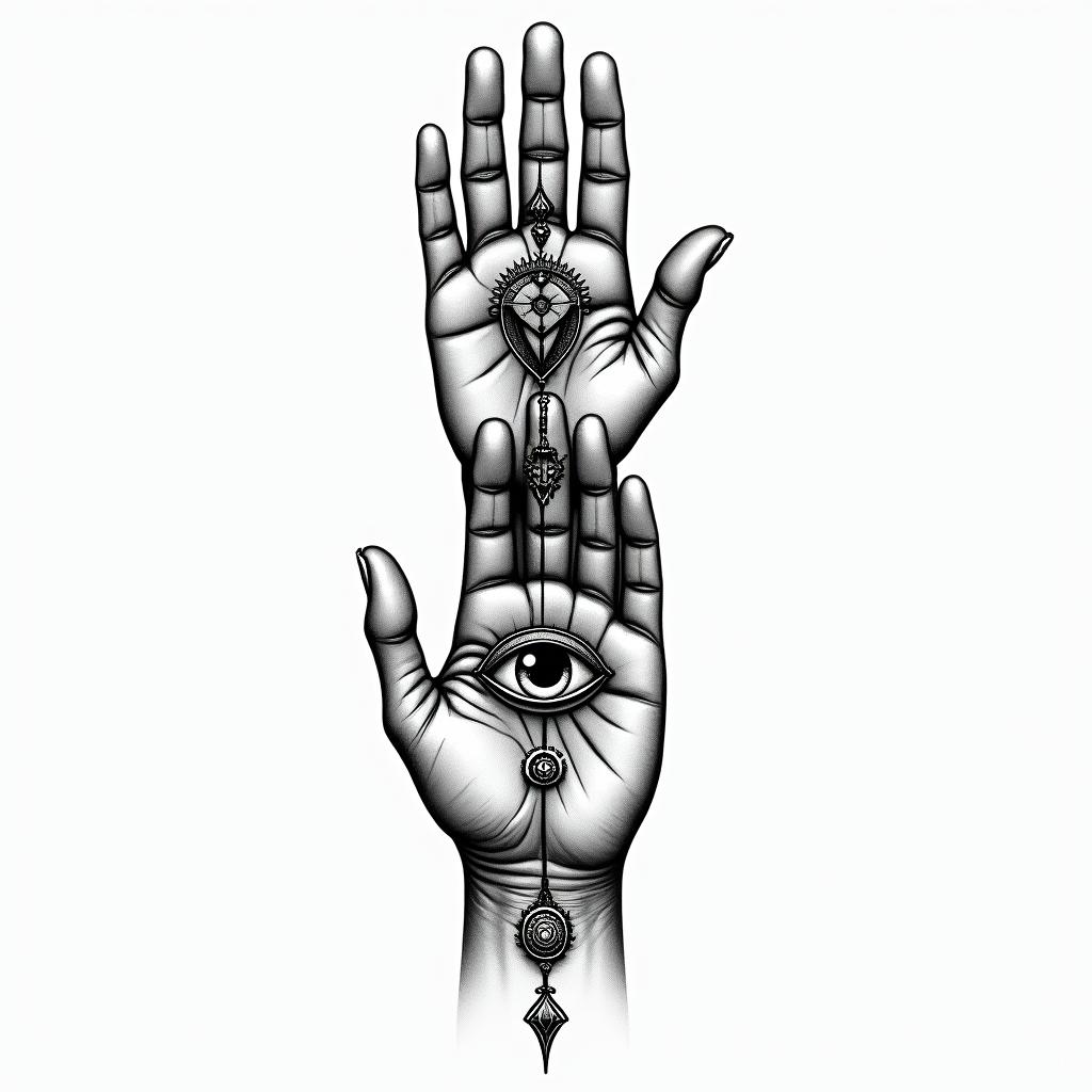 Two hands, as above so belowin spiritual symbols tattoo style, featuring an intricate design incorporating elements, Hamsa hand, third eye, minimalist composition