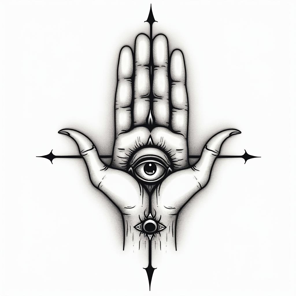 Two hands, as above so belowin spiritual symbols tattoo style, featuring an intricate design incorporating elements, Hamsa hand, third eye, minimalist composition - Variation 3