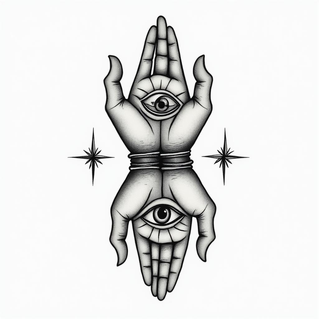 Two hands, as above so belowin spiritual symbols tattoo style, featuring an intricate design incorporating elements, Hamsa hand, third eye, minimalist composition - Variation 4