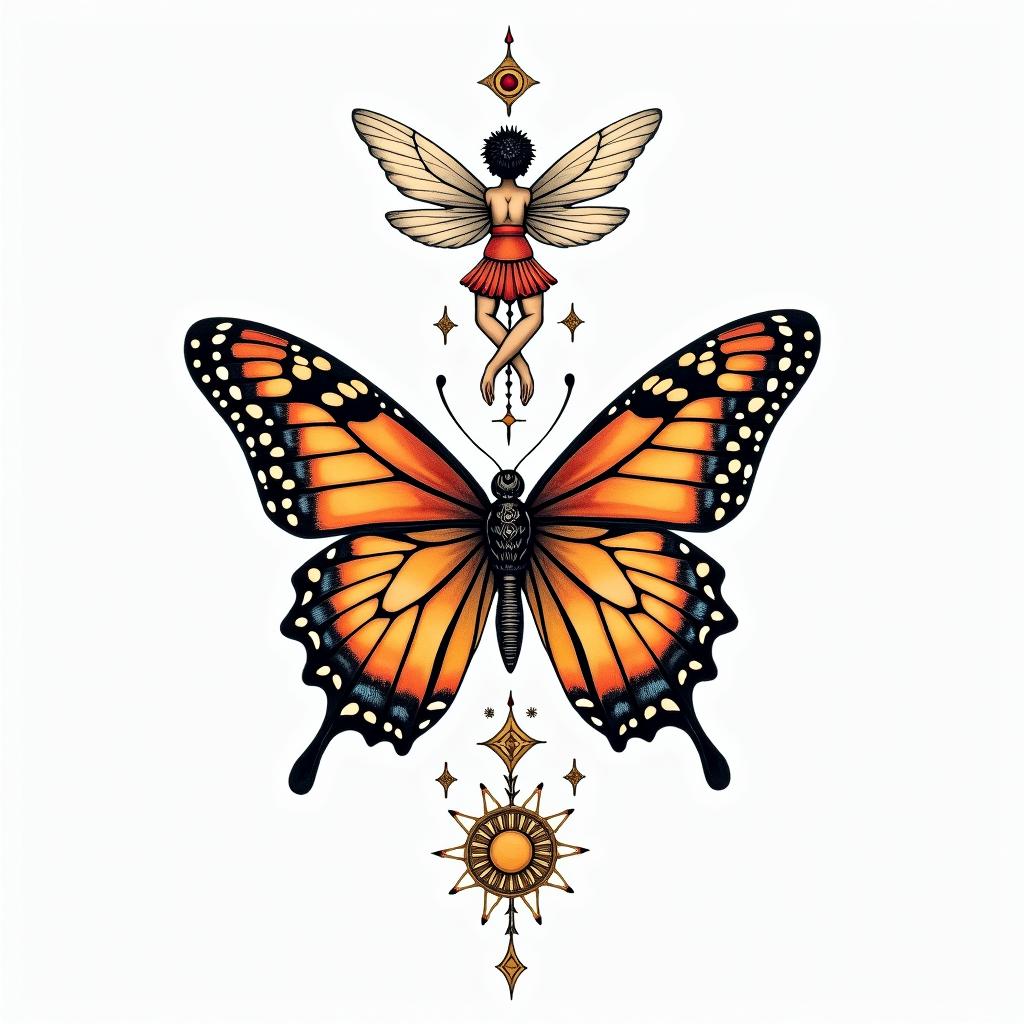 Butterfly and a fairyin spiritual symbols tattoo style, featuring an intricate design incorporating elements, Hamsa hand, third eye, minimalist composition - Variation 11