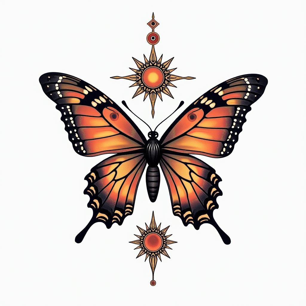 Butterfly and a fairyin spiritual symbols tattoo style, featuring an intricate design incorporating elements, Hamsa hand, third eye, minimalist composition - Variation 12