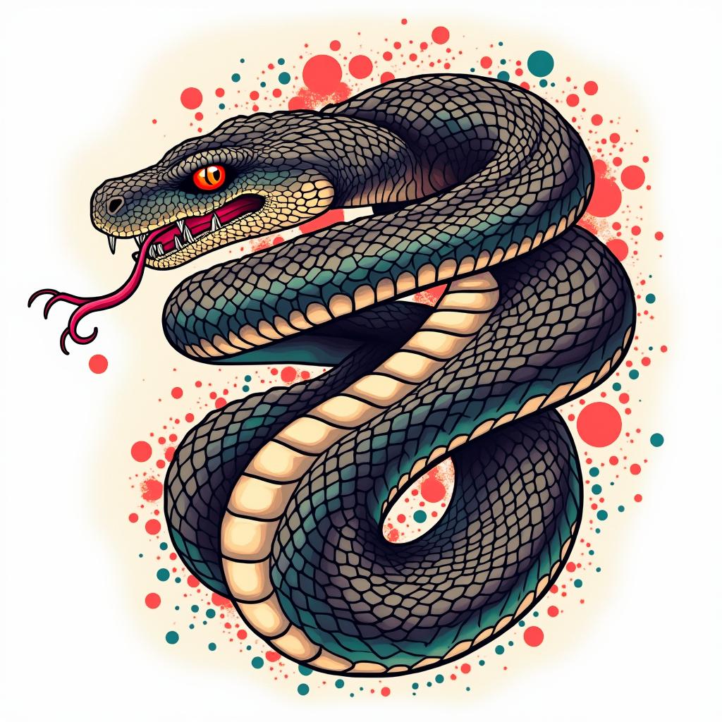 Snakein pop art style tattoo, featuring bold and vibrant colors, exaggerated outlines, iconic imagery, inspired by comic books and speech bubbles, comic book characters, retro pop culture - Variation 8