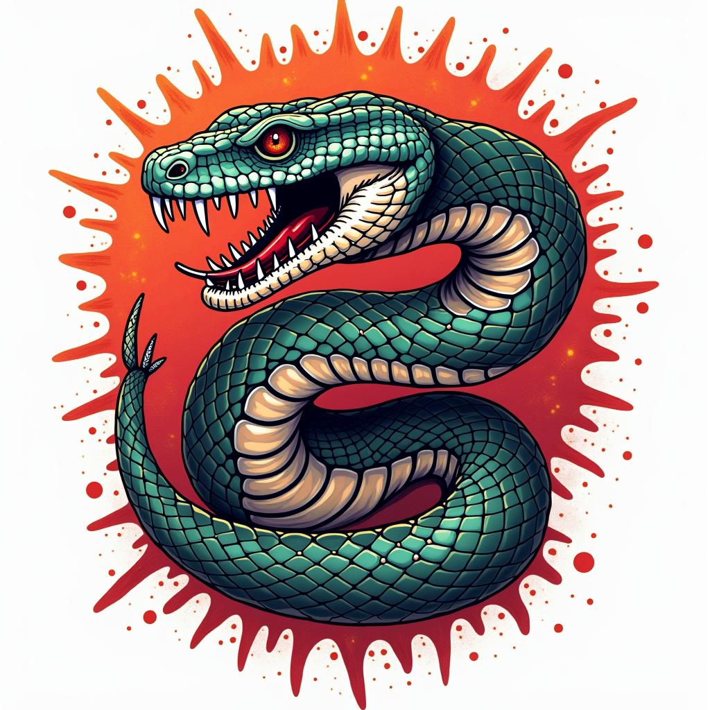 Snakein pop art style tattoo, featuring bold and vibrant colors, exaggerated outlines, iconic imagery, inspired by comic books and speech bubbles, comic book characters, retro pop culture - Variation 7