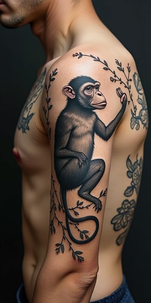 Year of the monkey 1992 Aries zodiac signin victorian style tattoo, featuring vintage and elegant elements, ornate frames, roses, antique, sepia-toned color scheme - Variation 4