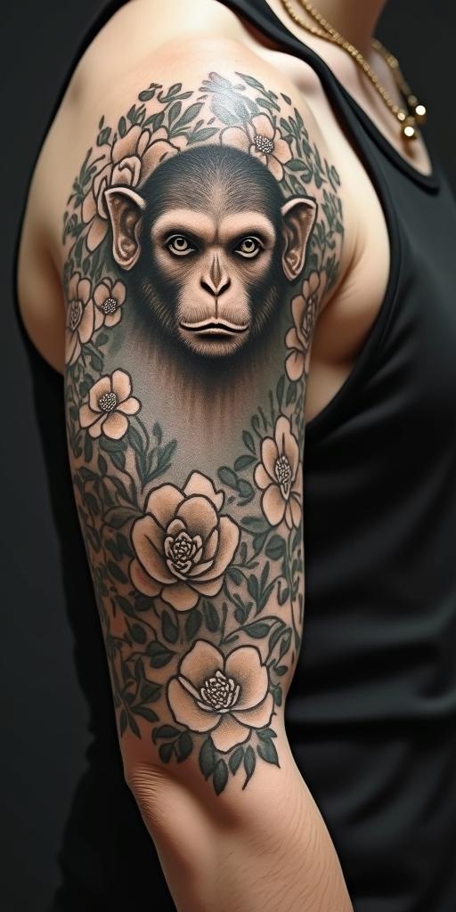 Year of the monkey 1992 Aries zodiac signin victorian style tattoo, featuring vintage and elegant elements, ornate frames, roses, antique, sepia-toned color scheme - Variation 3