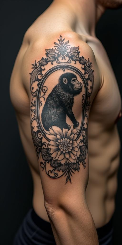 Year of the monkey 1992 Aries zodiac signin victorian style tattoo, featuring vintage and elegant elements, ornate frames, roses, antique, sepia-toned color scheme