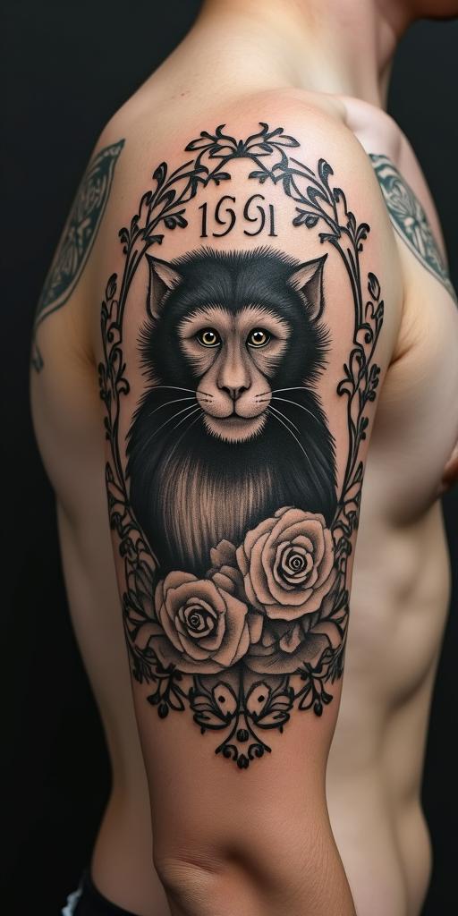 Year of the monkey 1992 Aries zodiac signin victorian style tattoo, featuring vintage and elegant elements, ornate frames, roses, antique, sepia-toned color scheme - Variation 2