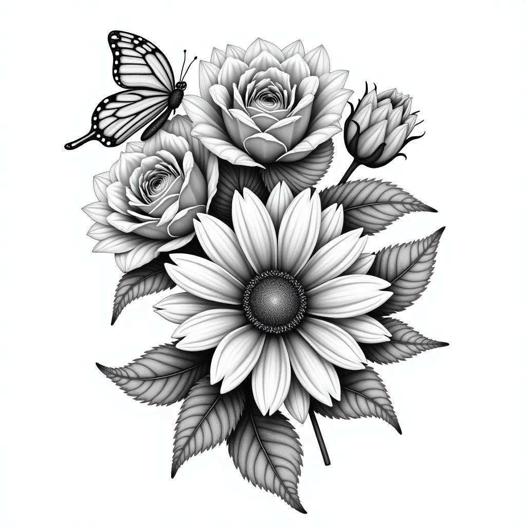 roses an sunflowers with swirls an butterfliesin realism tattoo style, featuring a highly detailed, lifelike, capturing every detail, photorealistic, ultra realistic, intricate shading, smooth and sharp, - Variation 12