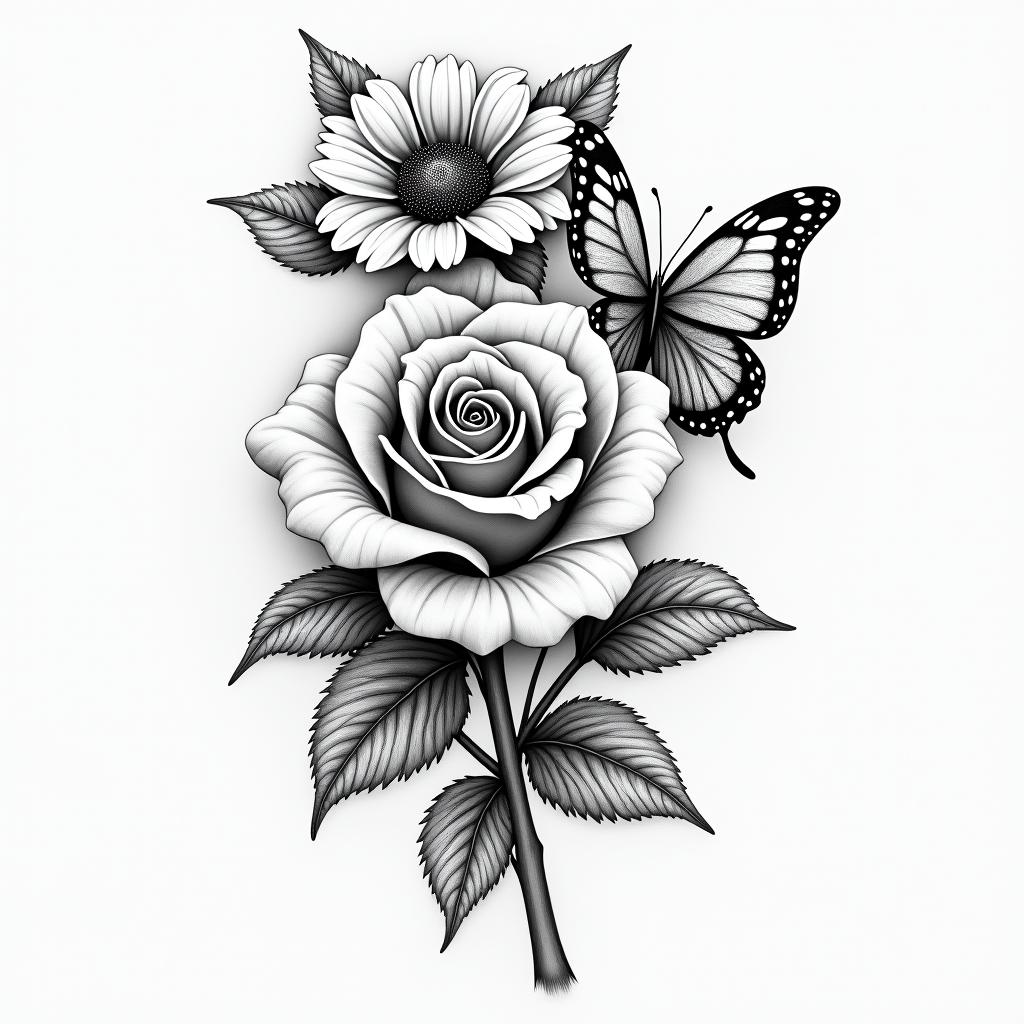 roses an sunflowers with swirls an butterfliesin realism tattoo style, featuring a highly detailed, lifelike, capturing every detail, photorealistic, ultra realistic, intricate shading, smooth and sharp, - Variation 9
