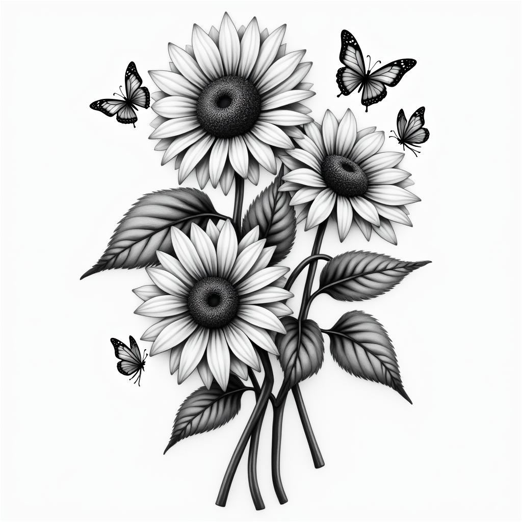 roses an sunflowers with swirls an butterfliesin realism tattoo style, featuring a highly detailed, lifelike, capturing every detail, photorealistic, ultra realistic, intricate shading, smooth and sharp, - Variation 11