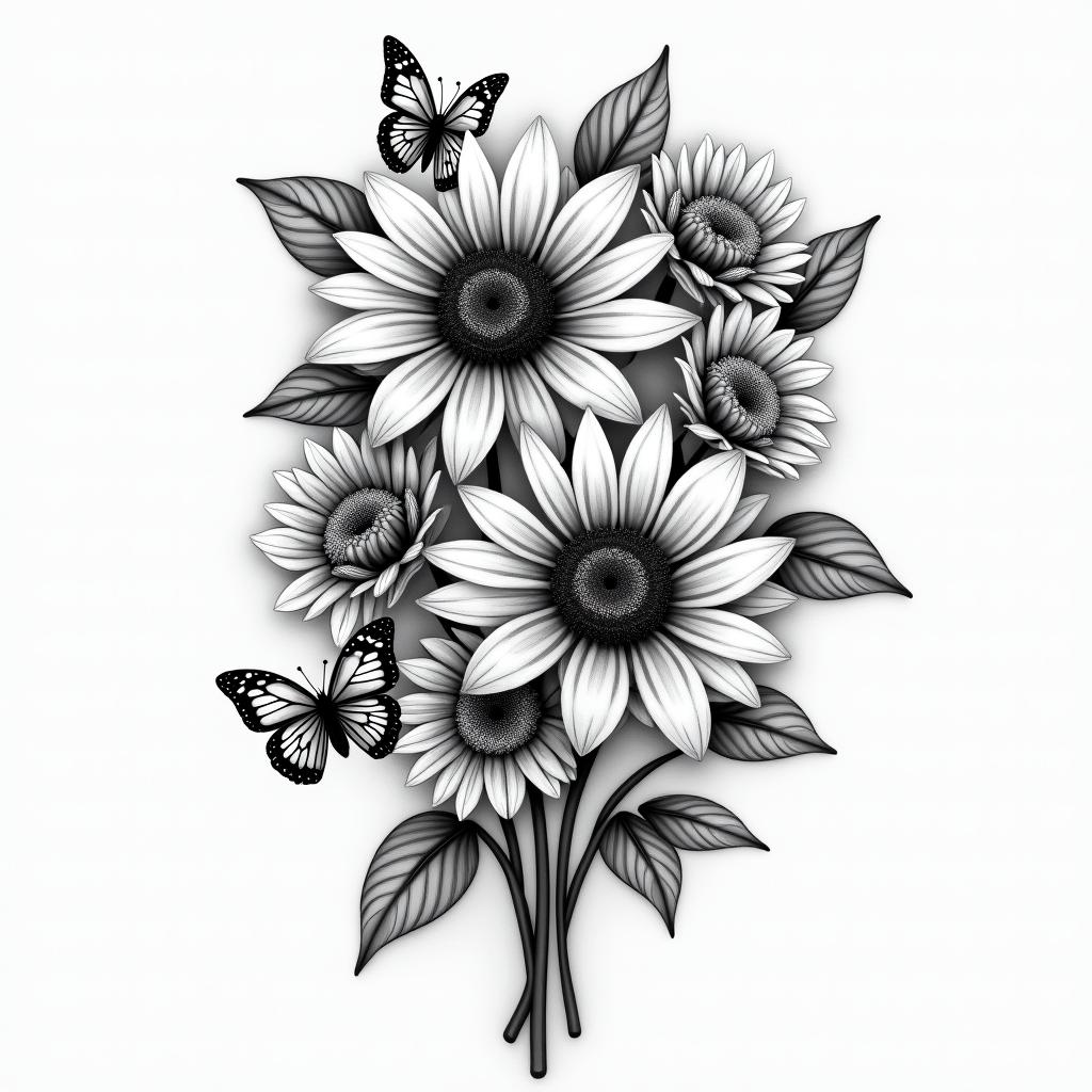 roses an sunflowers with swirls an butterfliesin realism tattoo style, featuring a highly detailed, lifelike, capturing every detail, photorealistic, ultra realistic, intricate shading, smooth and sharp, - Variation 10
