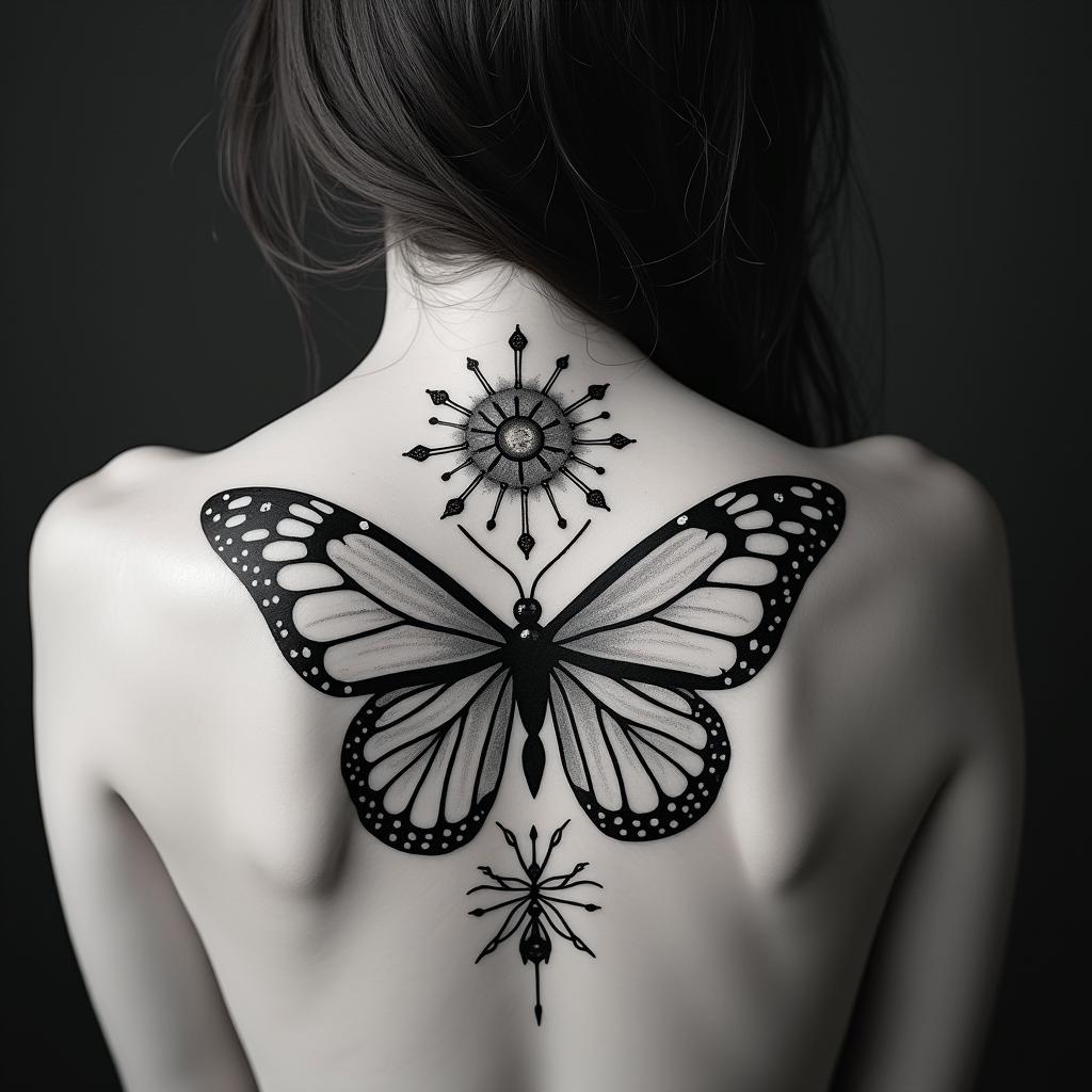 Butterfly and a fairyin spiritual symbols tattoo style, featuring an intricate design incorporating elements, Hamsa hand, third eye, minimalist composition - Variation 5
