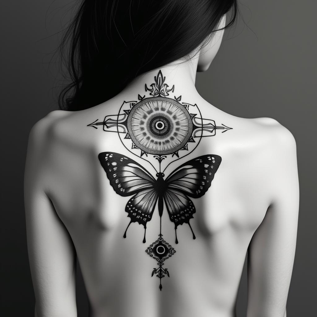 Butterfly and a fairyin spiritual symbols tattoo style, featuring an intricate design incorporating elements, Hamsa hand, third eye, minimalist composition - Variation 6