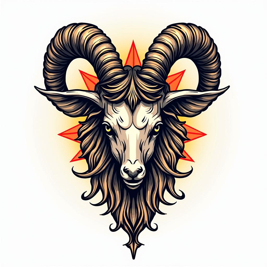 Aries signin pop art style tattoo, featuring bold and vibrant colors, exaggerated outlines, iconic imagery, inspired by comic books and speech bubbles, comic book characters, retro pop culture - Variation 2