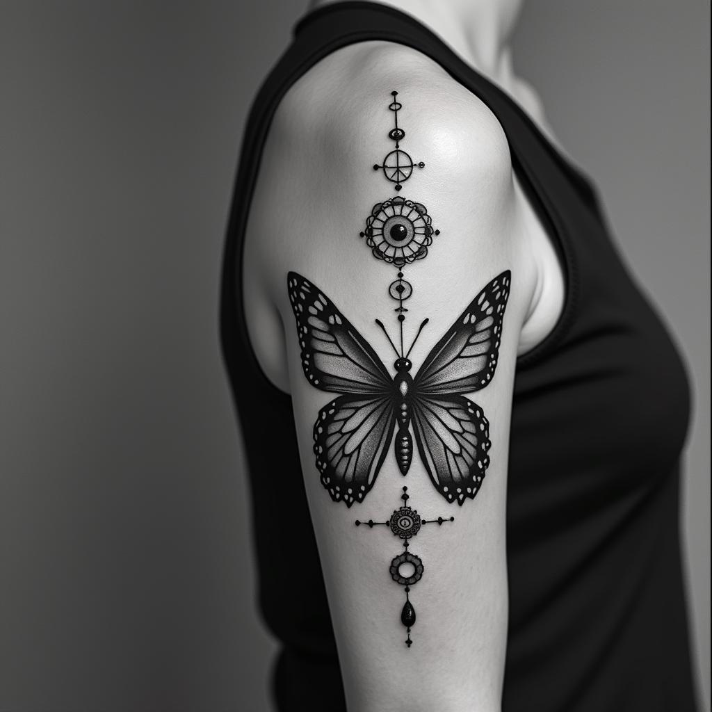 Butterfly and a fairyin spiritual symbols tattoo style, featuring an intricate design incorporating elements, Hamsa hand, third eye, minimalist composition - Variation 3