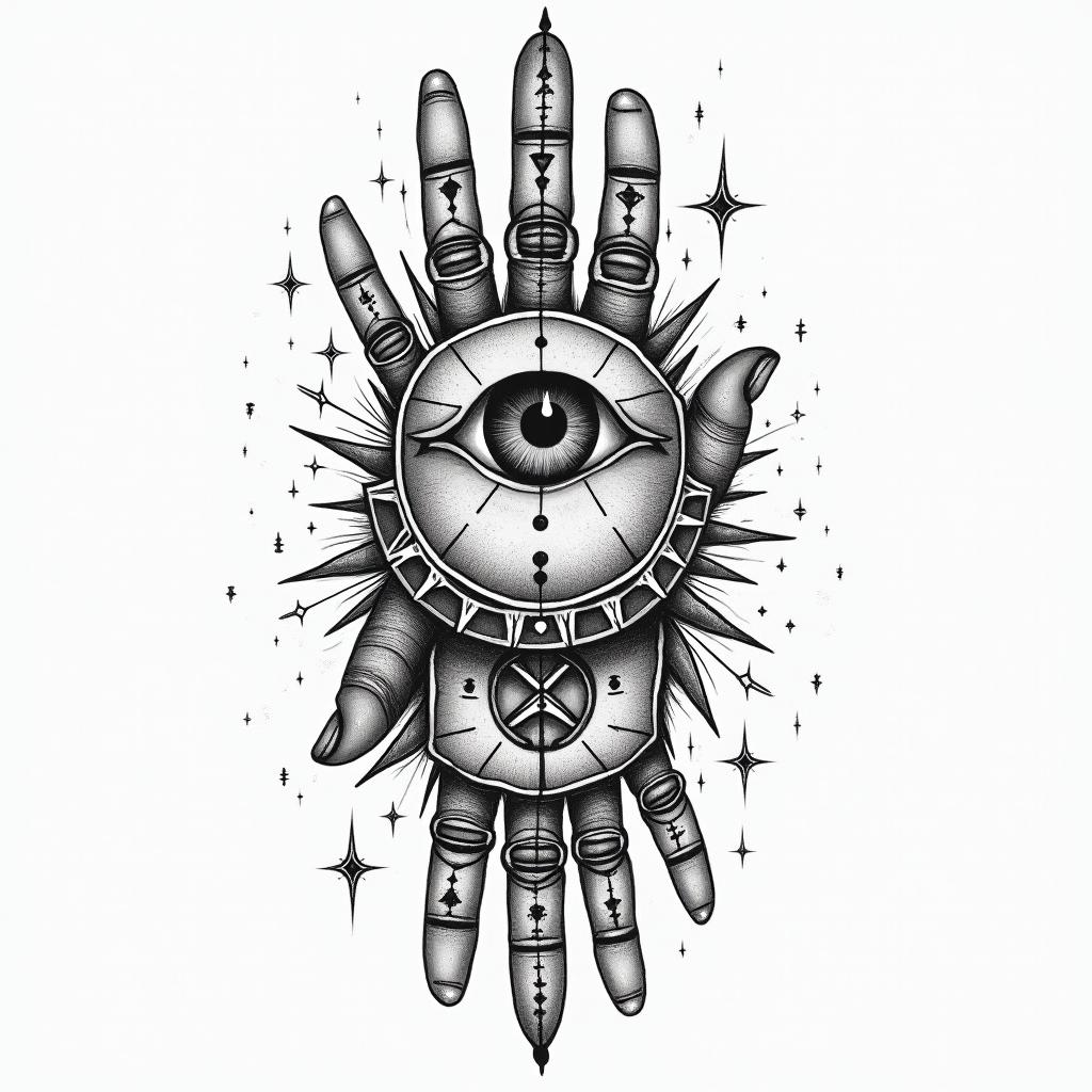 As above so below handsin prophecy tattoo style, featuring mystical symbols, celestial imagery like stars, moons, suns, geometric patterns, foretelling elements, an eye of wisdom - Variation 5