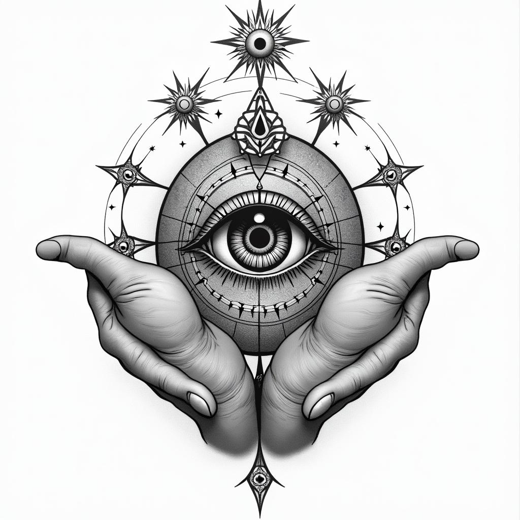 As above so below handsin prophecy tattoo style, featuring mystical symbols, celestial imagery like stars, moons, suns, geometric patterns, foretelling elements, an eye of wisdom - Variation 8