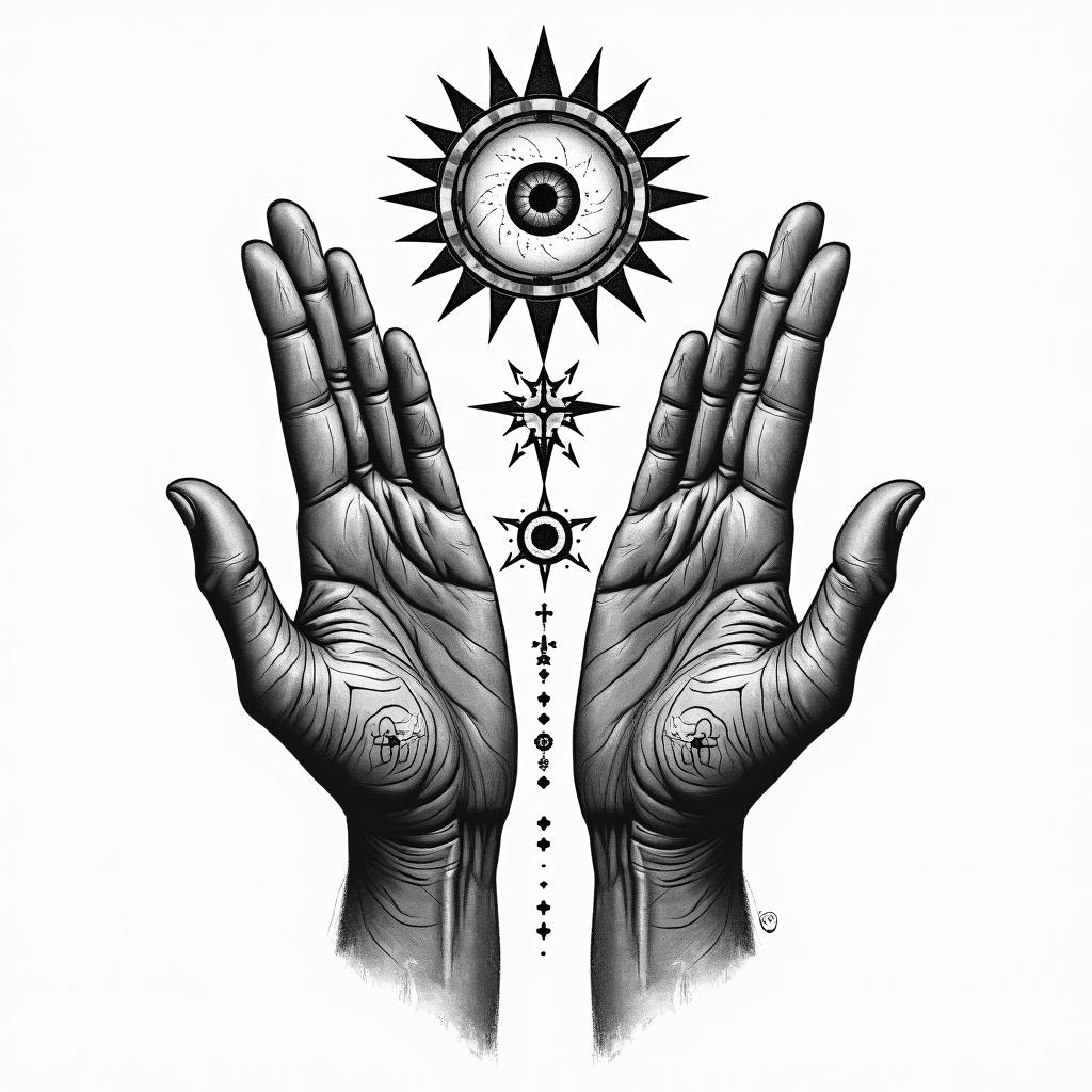 As above so below handsin prophecy tattoo style, featuring mystical symbols, celestial imagery like stars, moons, suns, geometric patterns, foretelling elements, an eye of wisdom - Variation 6