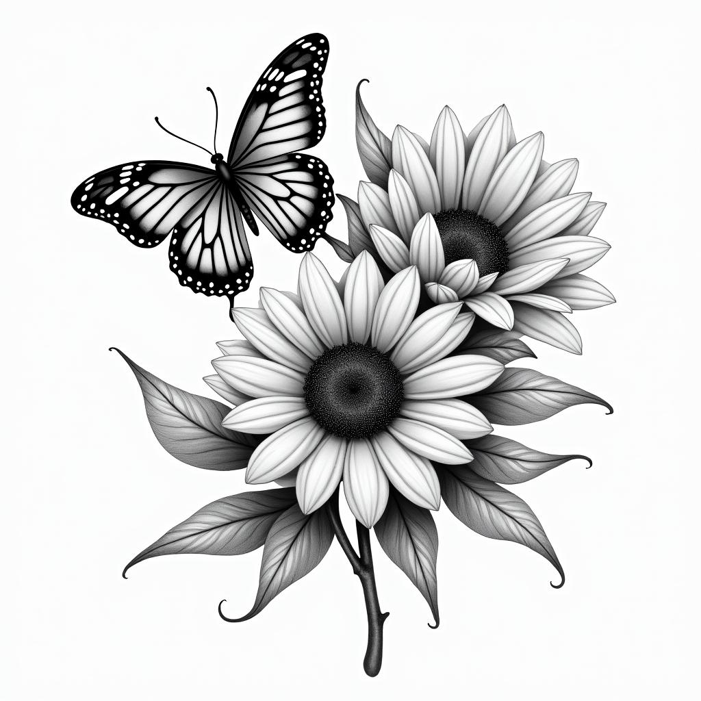 roses an sunflowers with swirls an butterfliesin realism tattoo style, featuring a highly detailed, lifelike, capturing every detail, photorealistic, ultra realistic, intricate shading, smooth and sharp, - Variation 5