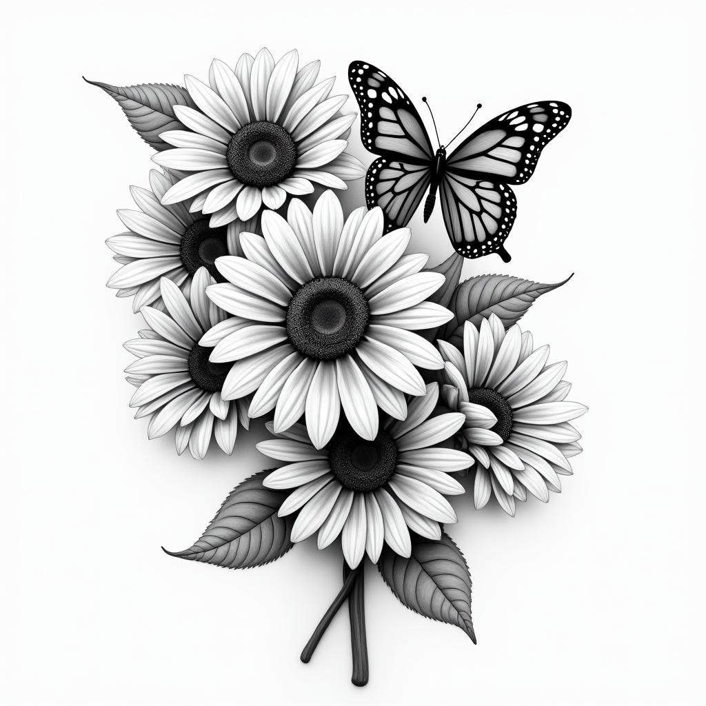 roses an sunflowers with swirls an butterfliesin realism tattoo style, featuring a highly detailed, lifelike, capturing every detail, photorealistic, ultra realistic, intricate shading, smooth and sharp, - Variation 8