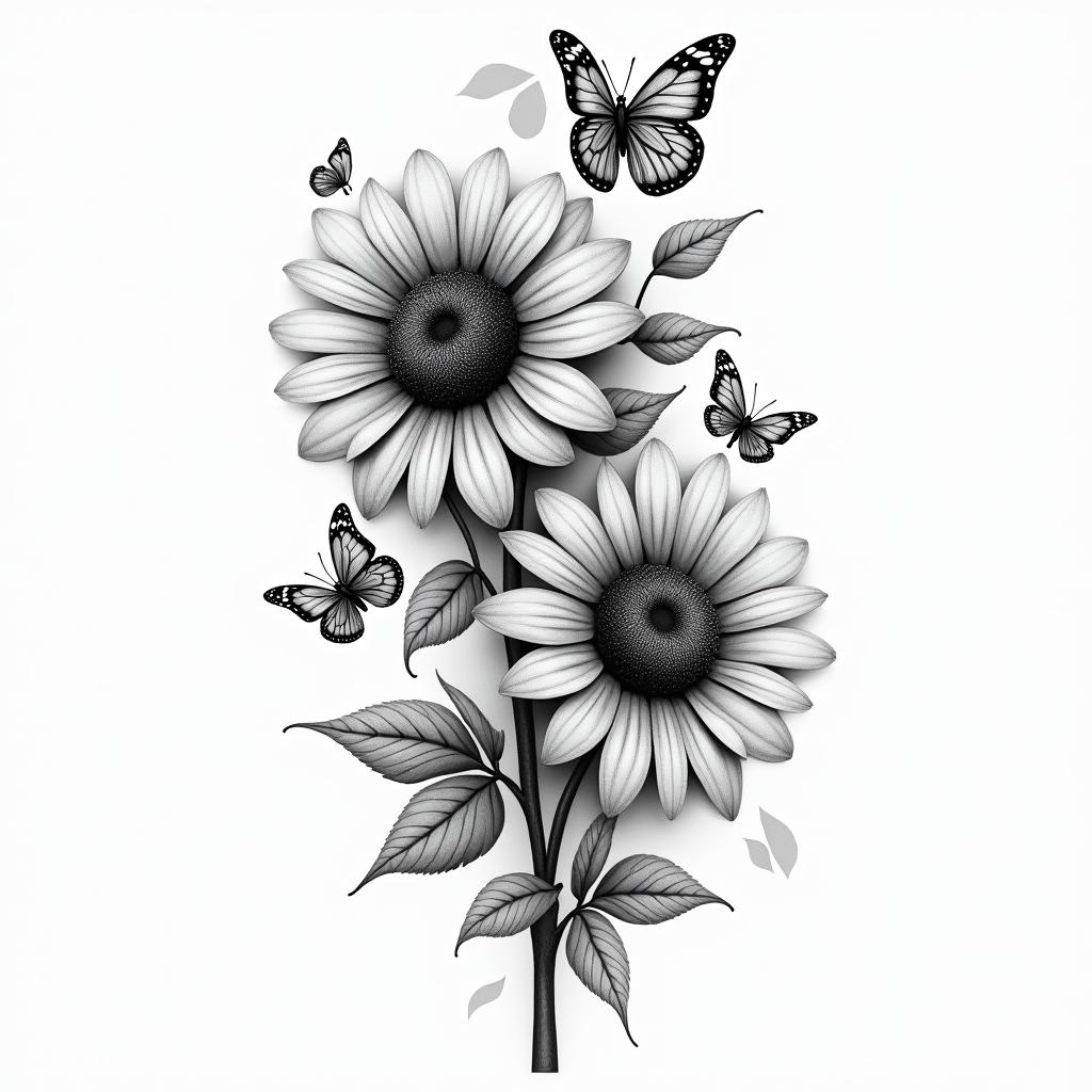 roses an sunflowers with swirls an butterfliesin realism tattoo style, featuring a highly detailed, lifelike, capturing every detail, photorealistic, ultra realistic, intricate shading, smooth and sharp, - Variation 6
