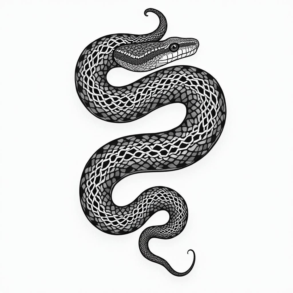 Ball pythonin ornamental tattoo style, featuring intricate symmetrical patterns and floral designs, showcasing highly detailed line work and geometric shapes, creating a sense of elegance and balance - Variation 3