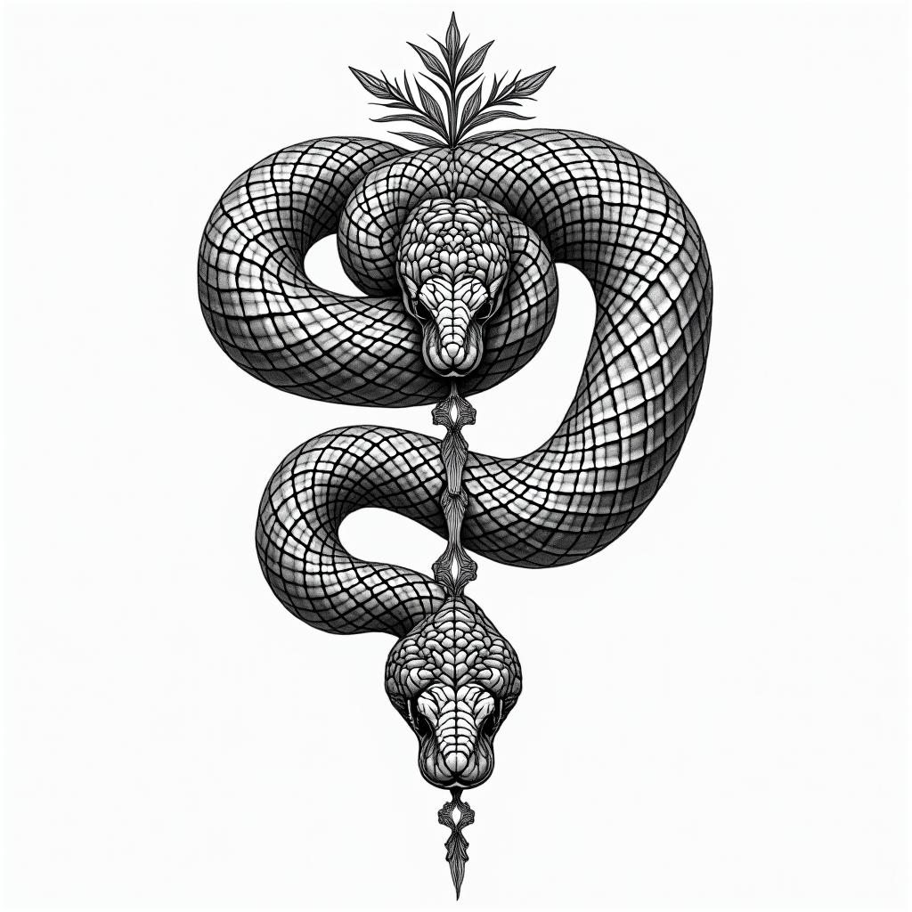 Ball pythonin ornamental tattoo style, featuring intricate symmetrical patterns and floral designs, showcasing highly detailed line work and geometric shapes, creating a sense of elegance and balance