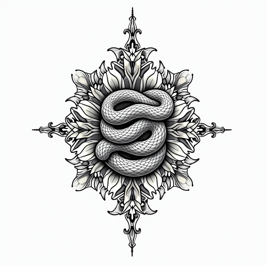 Ball pythonin ornamental tattoo style, featuring intricate symmetrical patterns and floral designs, showcasing highly detailed line work and geometric shapes, creating a sense of elegance and balance - Variation 2