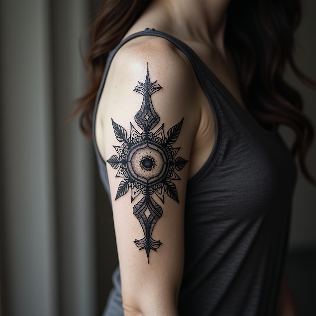 a fairyin spiritual symbols tattoo style, featuring an intricate design incorporating elements, Hamsa hand, third eye, minimalist composition - Variation 2