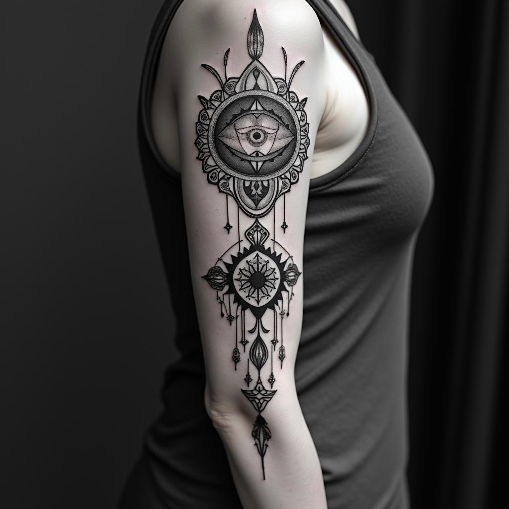 a fairyin spiritual symbols tattoo style, featuring an intricate design incorporating elements, Hamsa hand, third eye, minimalist composition
