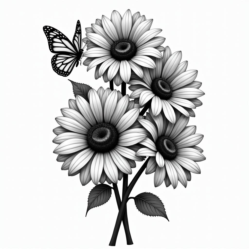 roses an sunflowers with swirls an butterfliesin realism tattoo style, featuring a highly detailed, lifelike, capturing every detail, photorealistic, ultra realistic, intricate shading, smooth and sharp,