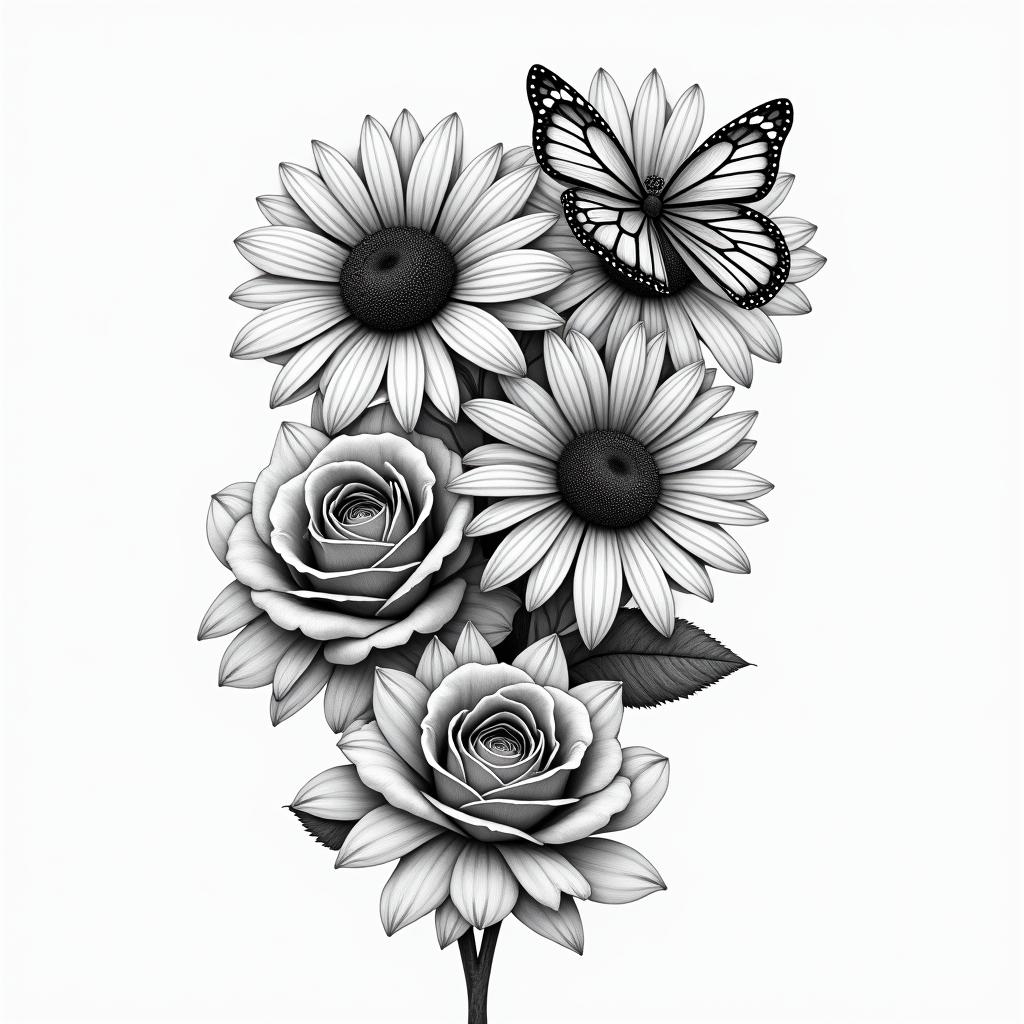 roses an sunflowers with swirls an butterfliesin realism tattoo style, featuring a highly detailed, lifelike, capturing every detail, photorealistic, ultra realistic, intricate shading, smooth and sharp, - Variation 4