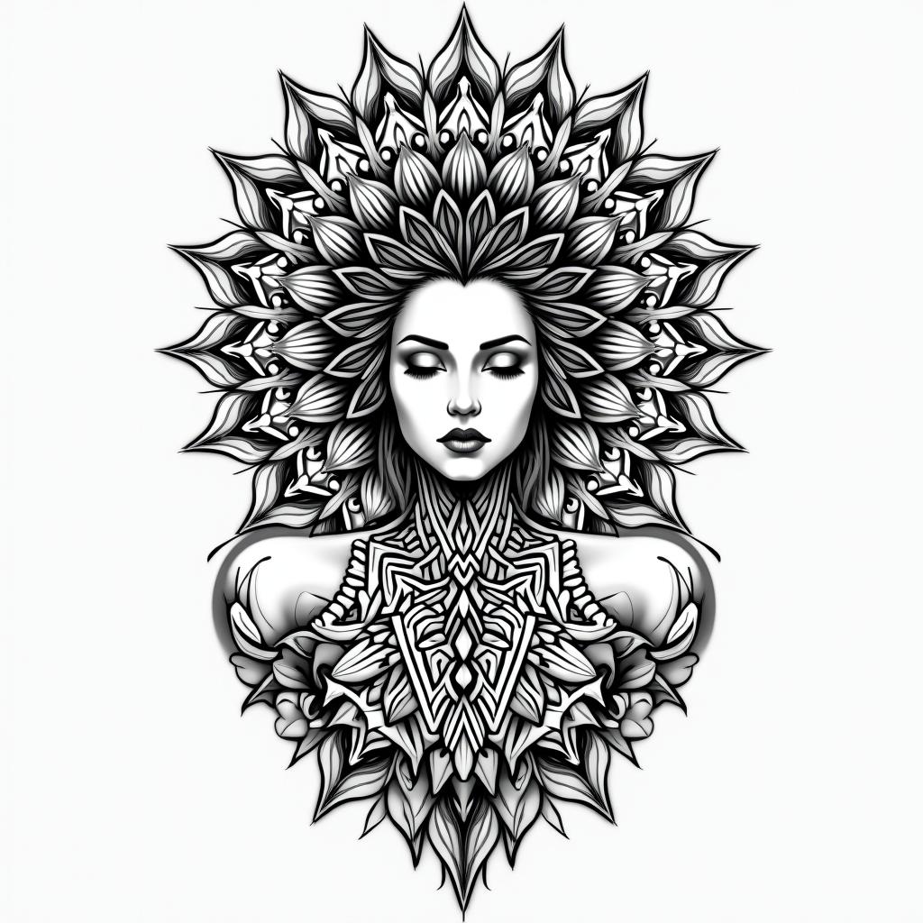 Strong female overcoming painin dotwork style tattoo, complex mandala patterns, interlocking geometric shapes with sharp symmetry, clean lines, sharp angles - Variation 2