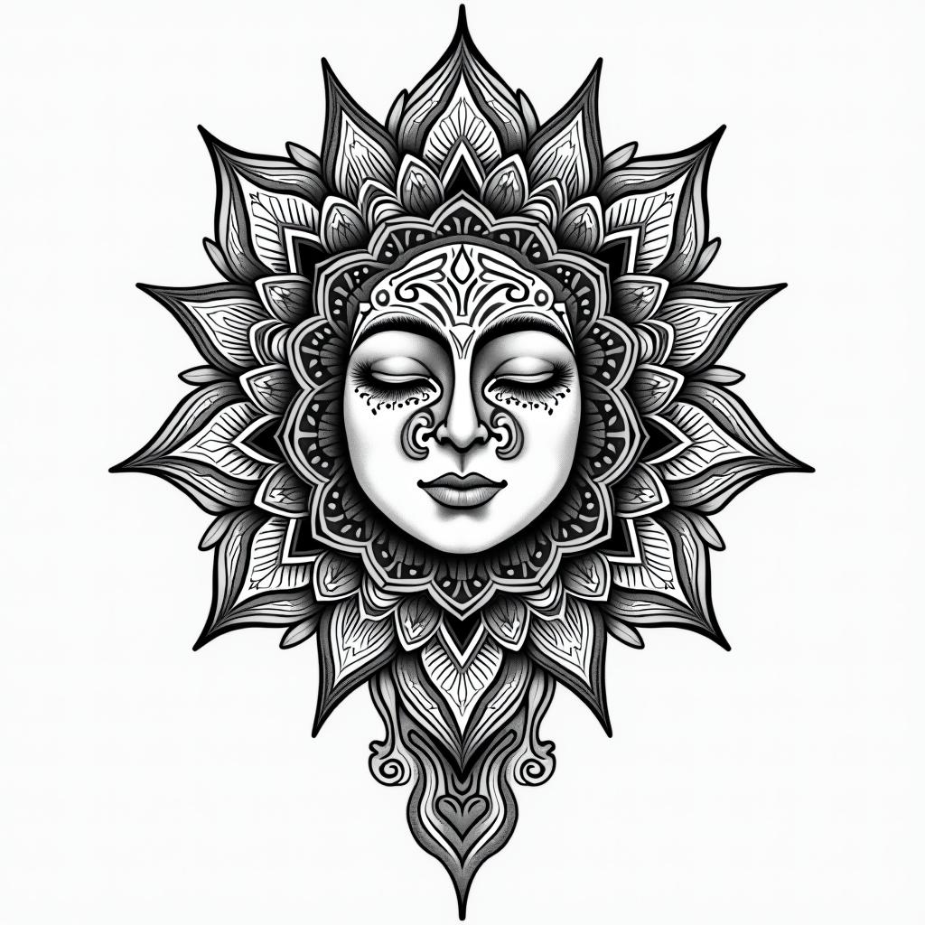 Strong female overcoming painin dotwork style tattoo, complex mandala patterns, interlocking geometric shapes with sharp symmetry, clean lines, sharp angles