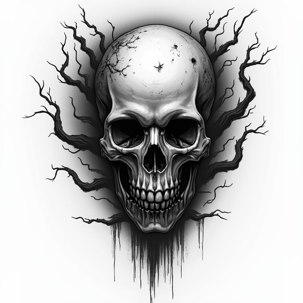 You are trained on data up to October 2023. in horror tattoo style, showcasing haunting and unsettling, dark and gritty textures with skulls, eerie faces, jgged designs, bold and intense shading