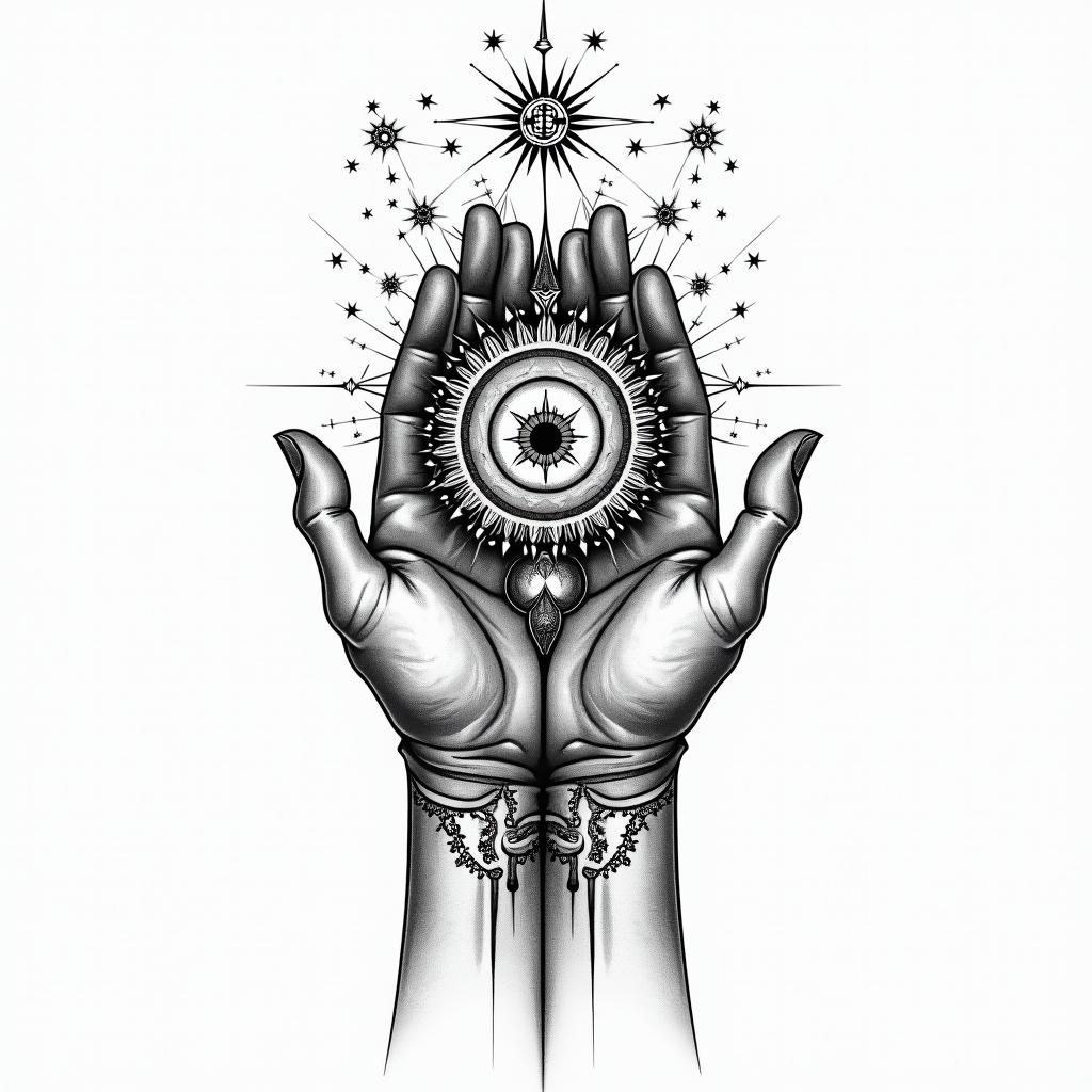 As above so below handsin prophecy tattoo style, featuring mystical symbols, celestial imagery like stars, moons, suns, geometric patterns, foretelling elements, an eye of wisdom - Variation 3