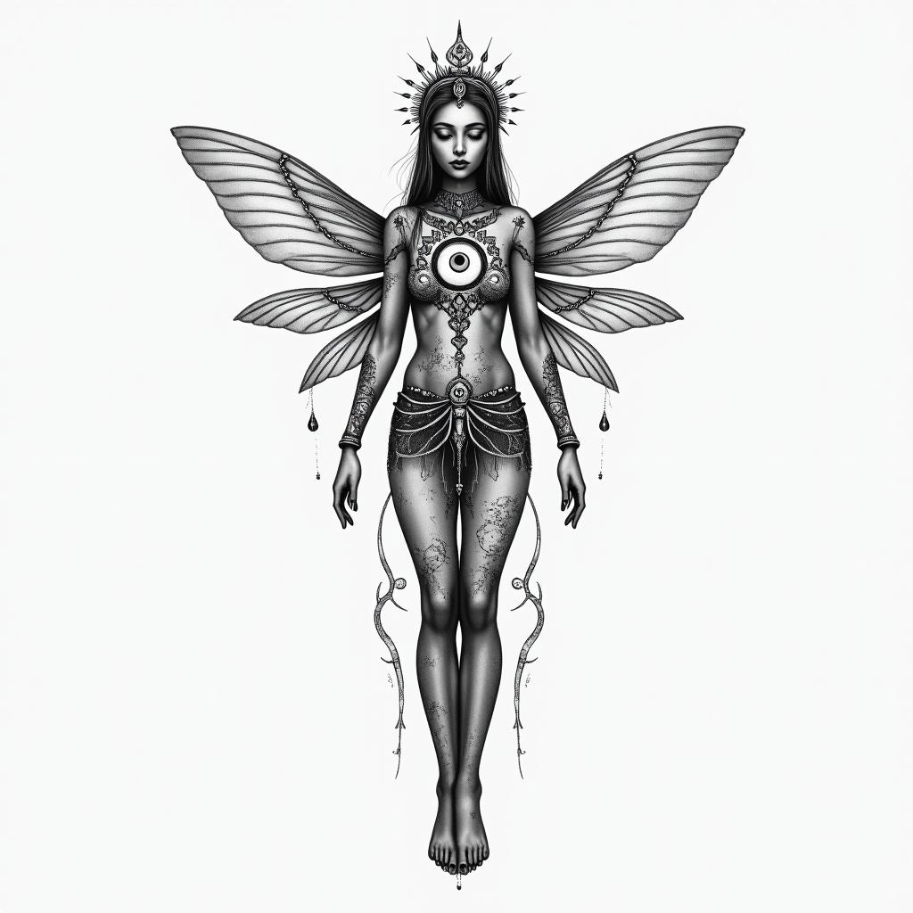 a little fairyin spiritual symbols tattoo style, featuring an intricate design incorporating elements, Hamsa hand, third eye, minimalist composition - Variation 2