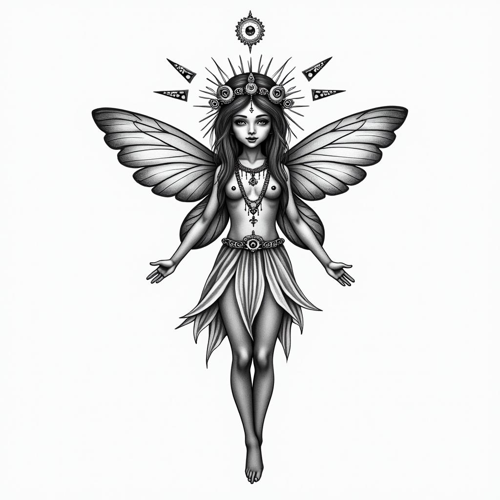 a little fairyin spiritual symbols tattoo style, featuring an intricate design incorporating elements, Hamsa hand, third eye, minimalist composition - Variation 3