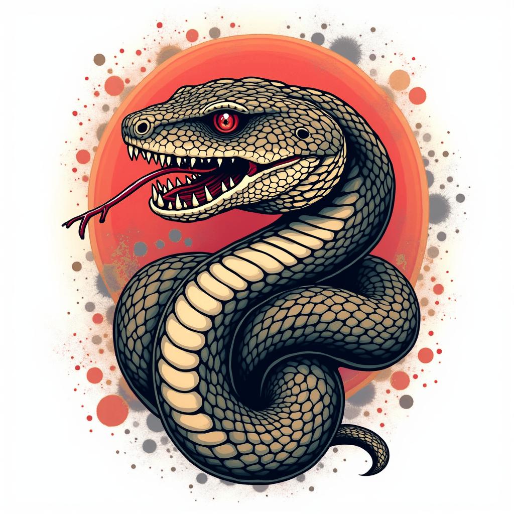 Snakein pop art style tattoo, featuring bold and vibrant colors, exaggerated outlines, iconic imagery, inspired by comic books and speech bubbles, comic book characters, retro pop culture - Variation 4