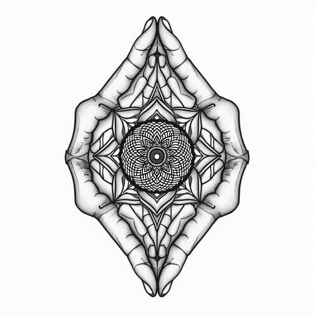 As above so below two hands opposite in geometric style tattoo, blending hexagons, mandala-inspired patterns, symmetrical and fractal design, clean lines, sharp angles - Variation 7