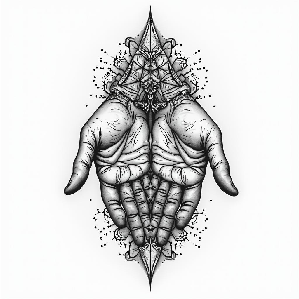 As above so below two hands opposite in geometric style tattoo, blending hexagons, mandala-inspired patterns, symmetrical and fractal design, clean lines, sharp angles - Variation 8