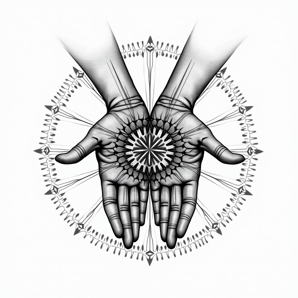 As above so below two hands opposite in geometric style tattoo, blending hexagons, mandala-inspired patterns, symmetrical and fractal design, clean lines, sharp angles