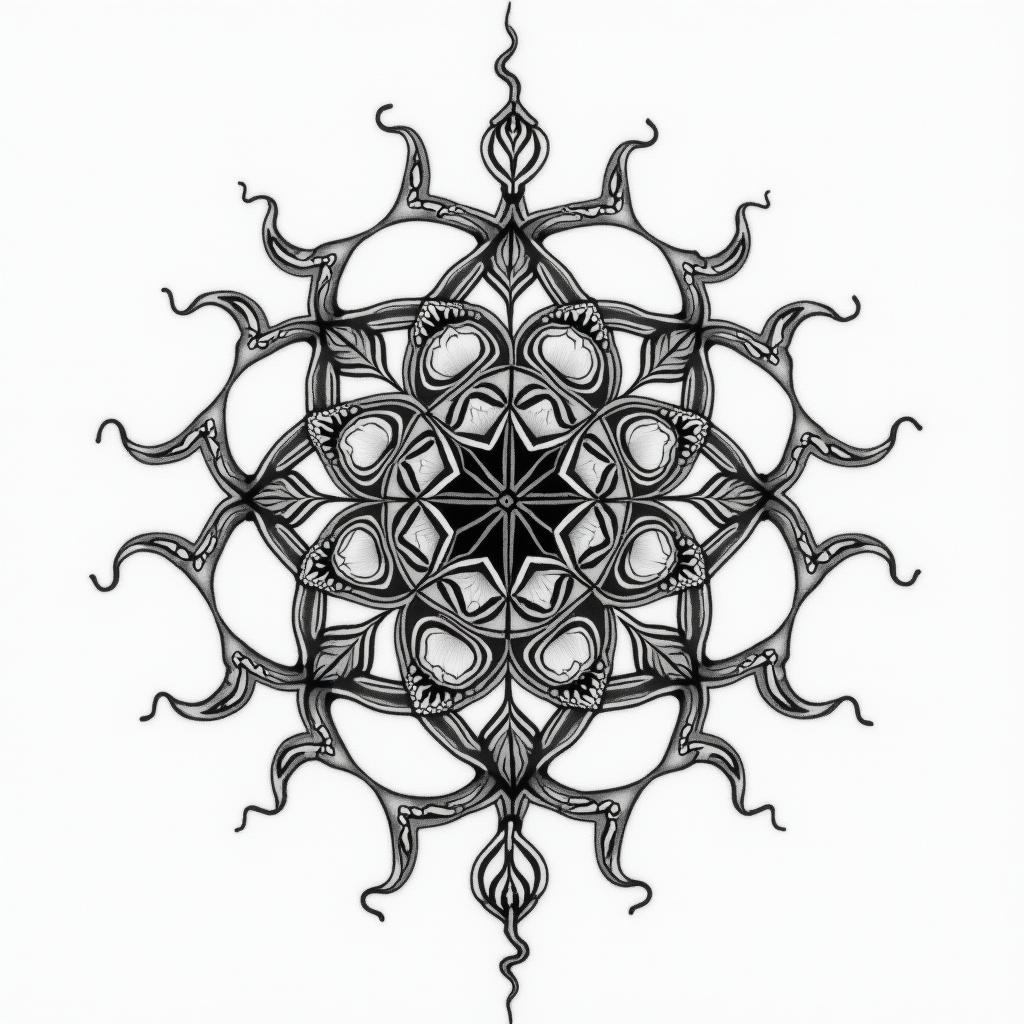 As above so below two hands opposite in geometric style tattoo, blending hexagons, mandala-inspired patterns, symmetrical and fractal design, clean lines, sharp angles - Variation 3