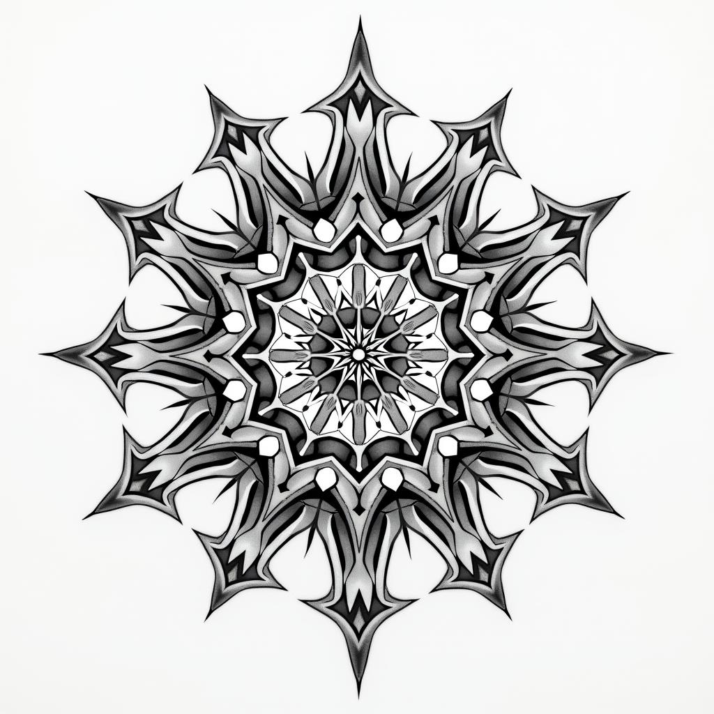 Sacred geometry of life in geometric style tattoo, blending hexagons, mandala-inspired patterns, symmetrical and fractal design, clean lines, sharp angles