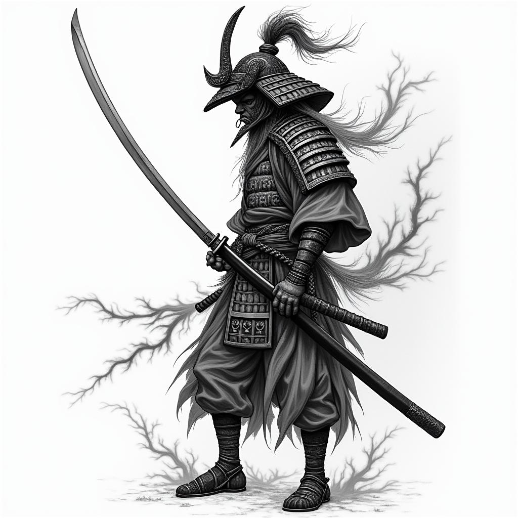 Samurai with a katanain japanese style tattoo, detailed tattoo, traditional japanese culture tattoo, mythology, 8k - Variation 11