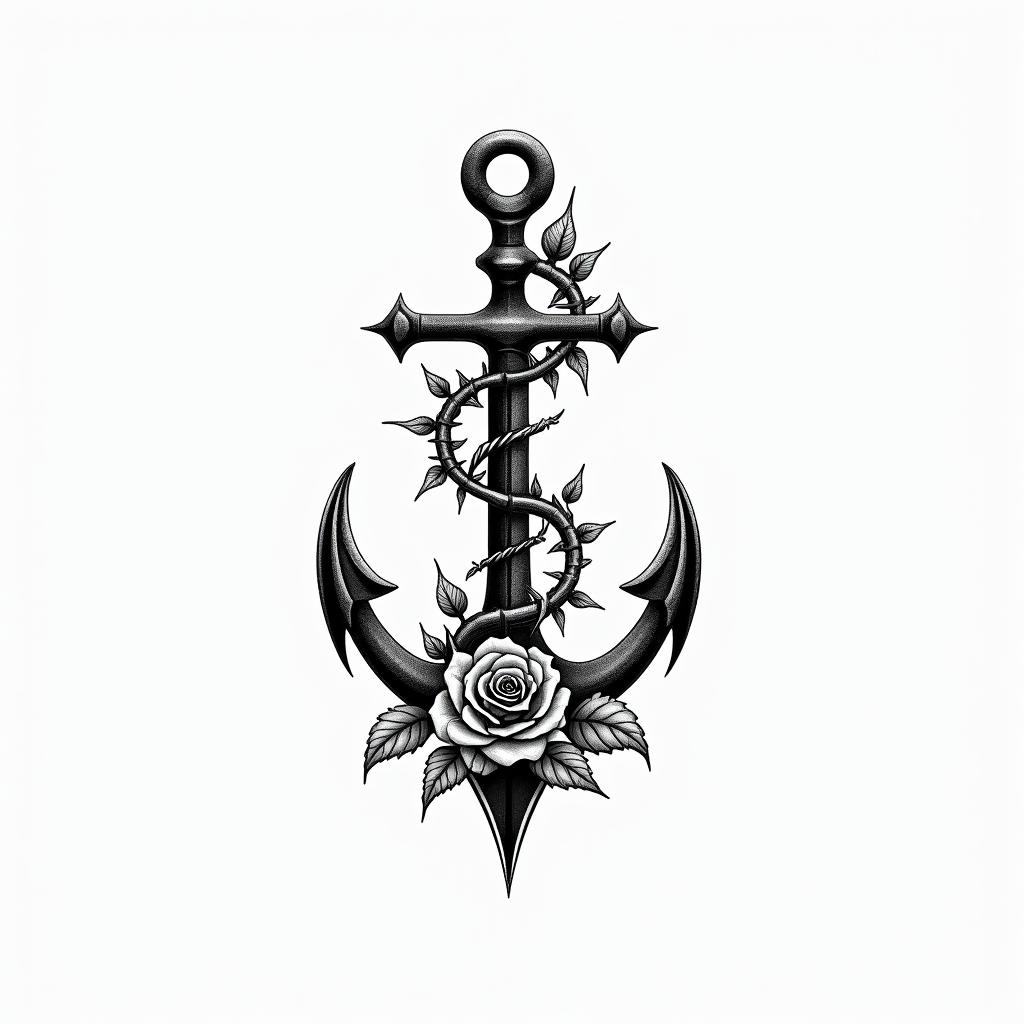 Anchor entwined with roses and thornsminimalist text-based tattoo, Monospace font ultra-realistic, perfectly placed, high-quality font design, photo-realistic shading, 8k, high quality, finely detailed typograph - Variation 2