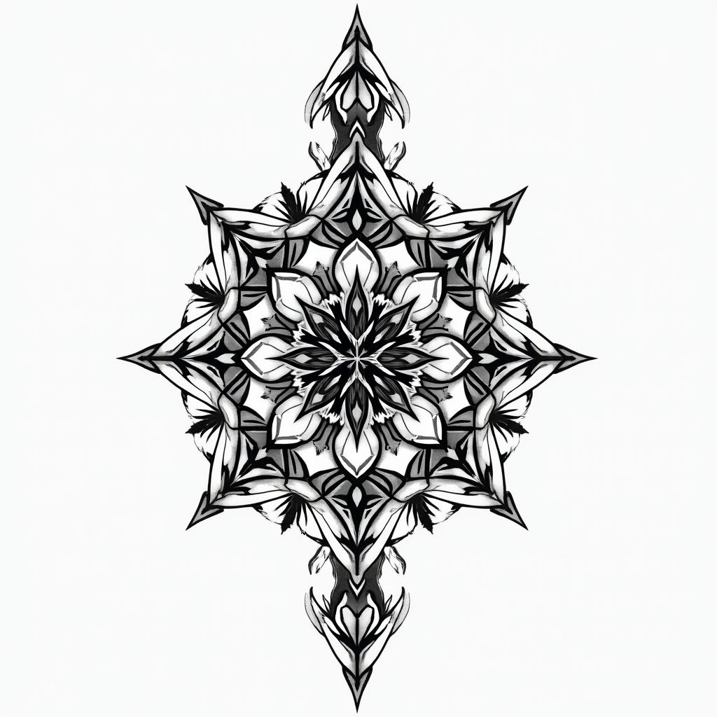 Aquarius in geometric style tattoo, blending hexagons, mandala-inspired patterns, symmetrical and fractal design, clean lines, sharp angles
