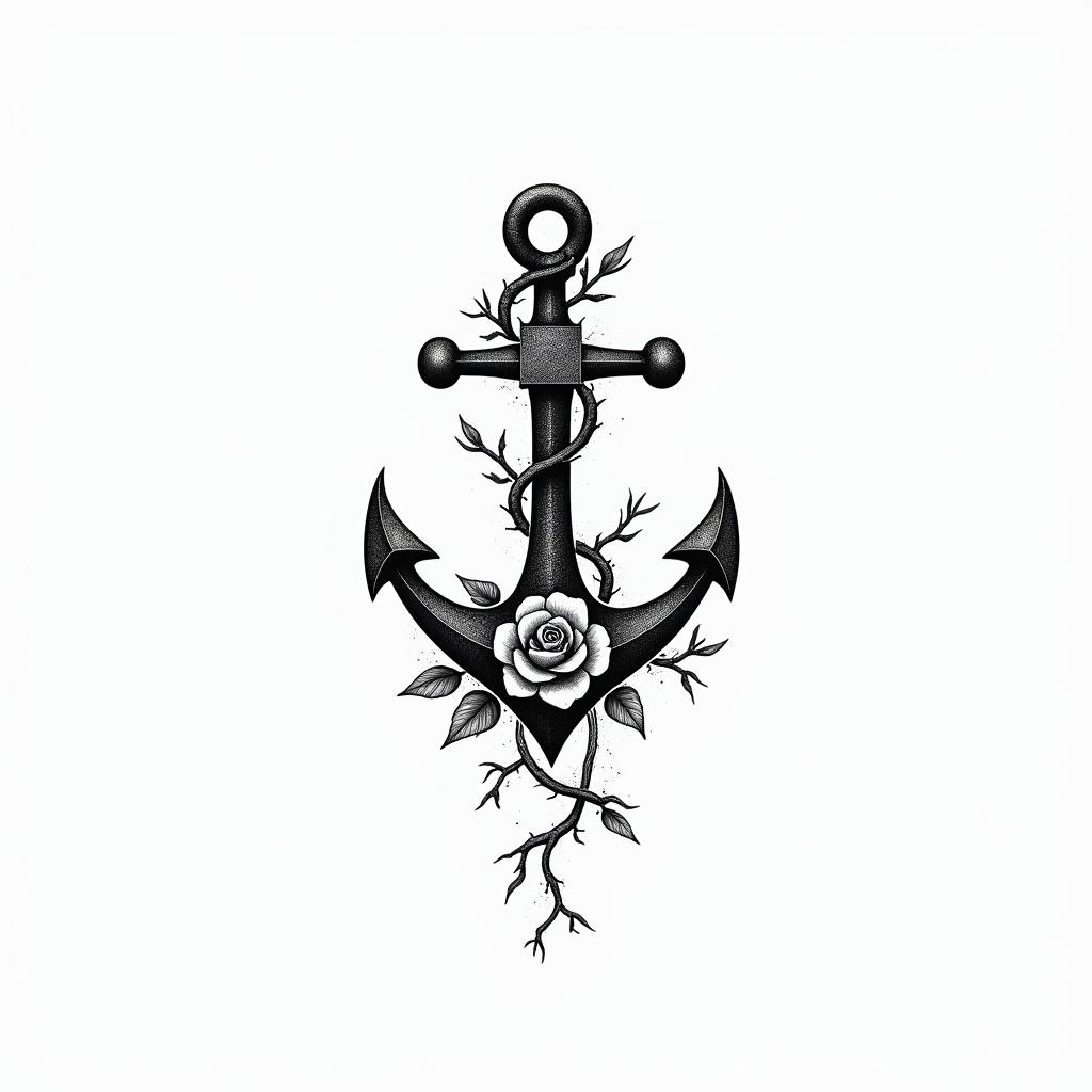Anchor entwined with roses and thornsminimalist text-based tattoo, Monospace font ultra-realistic, perfectly placed, high-quality font design, photo-realistic shading, 8k, high quality, finely detailed typograph - Variation 4